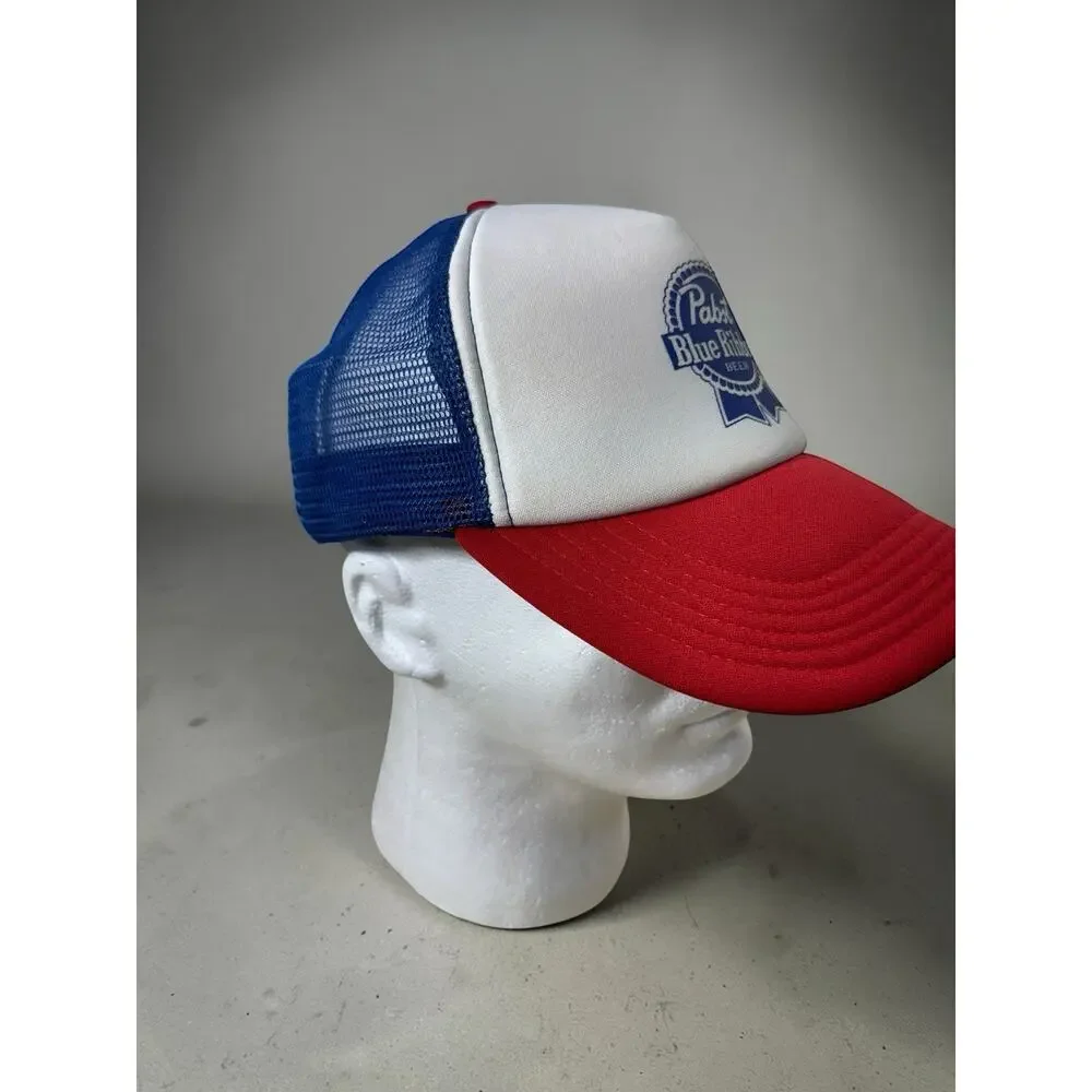 Vintage Pabst Blue Ribbon PBR Beer Trucker Hat Snapback Mesh Back Red White Blue